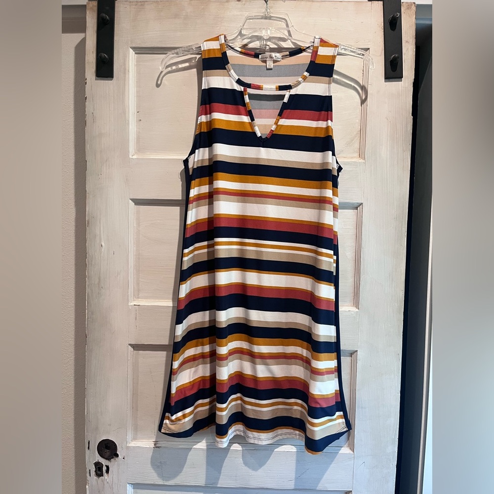 nine britton Striped Sleeveless Mini Dress in Navy, White & Mustard